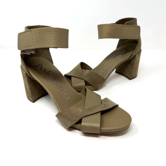 Pedro Garcia Whimsy Leather Suede Sandals Shoes 38 8 Taupe Clay Ankle Block Heel - Picture 1 of 9